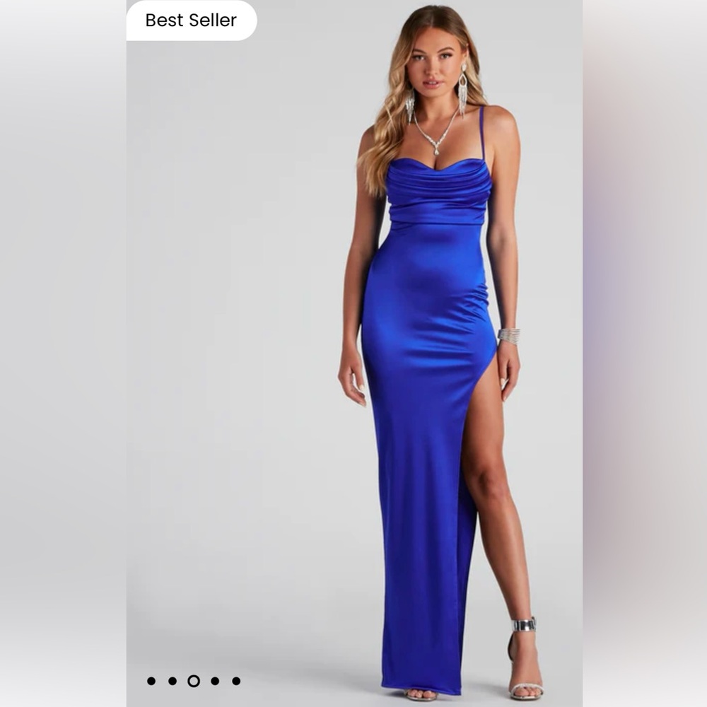 Windsor, Blue floor length dress, high slit, satin material, cowl neckline